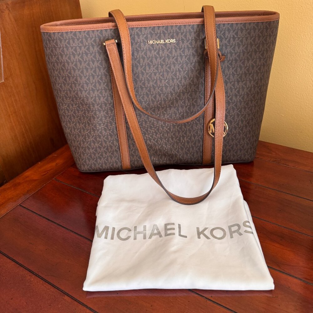 Michael Kors Sady Large Logo Canvas Top-Zip Laptop Travel Tote Brown - Picture 8 of 11